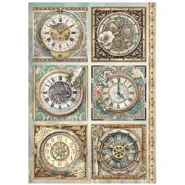 STAMPERIA - Printed Rice Paper A4 sheet, for Art and Craft - Gardens of Time 6 clocks