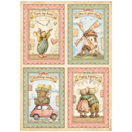 STAMPERIA - Printed Rice Paper A4 sheet, for Art and Craft - Cozy Family 4 cards