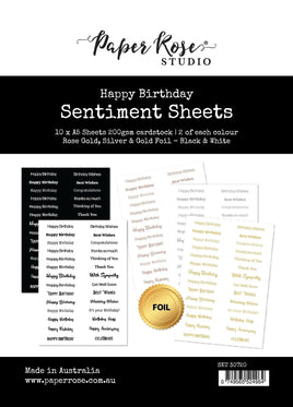 Paper Rose -Happy Birthday A5 10pc Sentiment Sheets - Foil printed